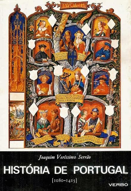 Sobrecapa do 1.º vol. da «História de Portugal – 1080-1415» (1977), que reproduz uma das 13 ilustrações da árvore genealógica dos reis de Portugal de Simão Bening, existente no Museu Britânico