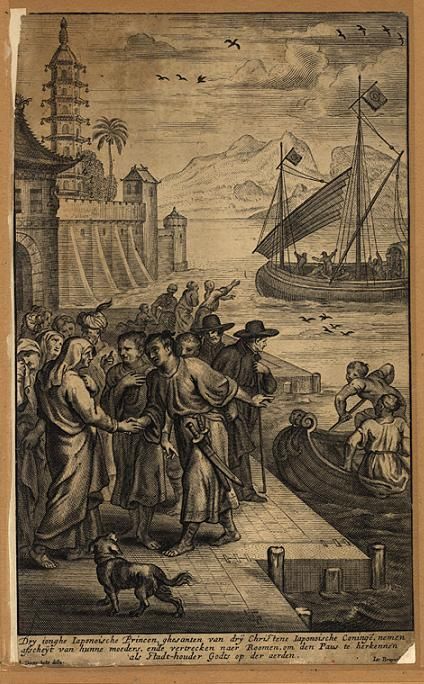 Três jovens príncipes japoneses, representantes de três reis japoneses cristãos, despedem-se de suas mães e partem rumo a Roma para reconhecerem o papa como Vigário de Deus na Terra. Gravura holandesa do séc. XVII (BNP E. 1669 P.) Três jovens príncipes japoneses, representantes de três reis japoneses cristãos, despedem-se de suas mães e partem rumo a Roma para reconhecerem o papa como Vigário de Deus na Terra. Gravura holandesa do séc. XVII (BNP E. 1669 P.)