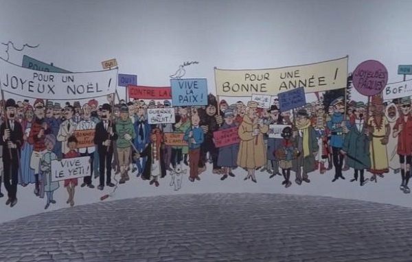 Painel final da exposição que reproduz um cartão de boas festas dos Studios Hergé | © Hergé/Moulinsart 2016 Painel final da exposição que reproduz um cartão de boas festas dos Studios Hergé | © Hergé/Moulinsart 2016