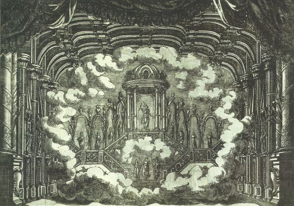 O palco da Ópera do Tejo no dia da sua inauguração, 31 de março de 1755. A ópera em cena era Alessandro nell'Indie, de Perez.