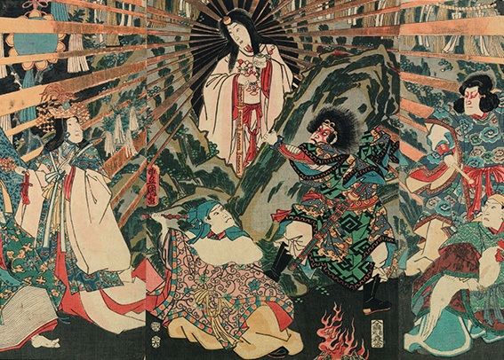 Amaterasu saindo da gruta Amanoiwato | Japão, 1857, Colecção Kwok On | © Hugo Maertens, Bruges/Fundação Oriente Amaterasu saindo da gruta Amanoiwato | Japão, 1857, Colecção Kwok On | © Hugo Maertens, Bruges/Fundação Oriente