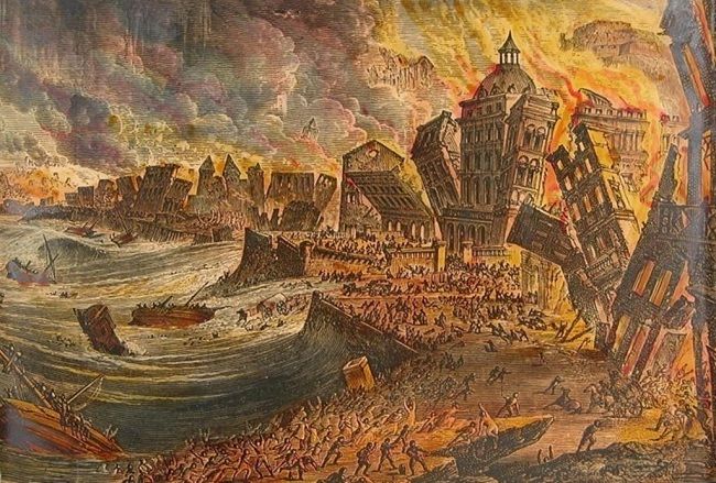 Ilustração do terramoto de 1755 que destruiu Lisboa