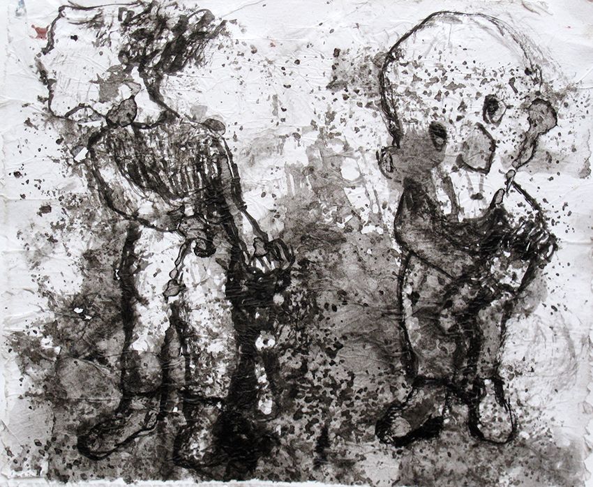 «A assobiar para o ar», desenho a tinta-da-china sobre papel prensado, 15,5 x 18,5 cm, 2023.